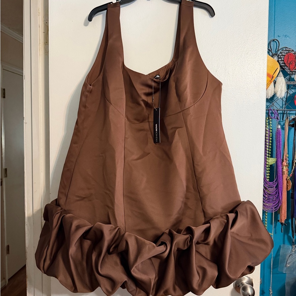 Brown Satin Ruffle-Hem Cocktail Dress